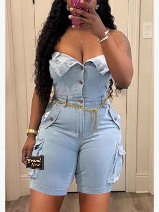 Strapless Denim Romper Cargo Shorts Slim Fit XXL One Piece Jumpsuit - Picture 5 of 5